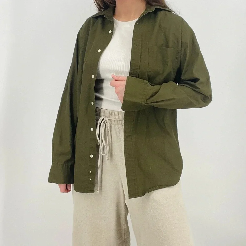 j. crew lush olive green oversized 100% cotton button down shirt size xs - Picture 3 of 7